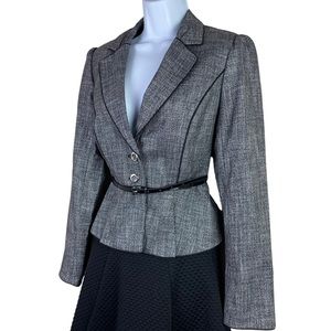 White House Black Market Tweed Peplum Belted Jacket Blazer Black White Size 2